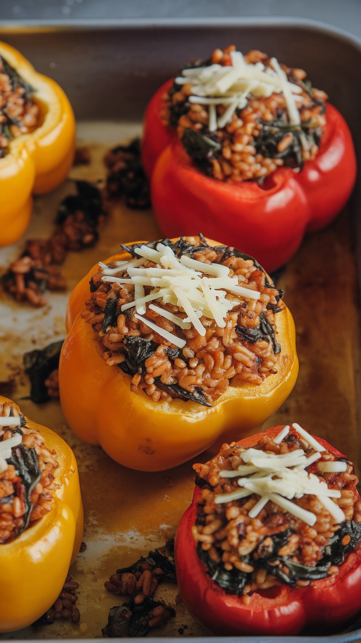 Colorful stuffed bell peppers with brown rice and spinach, topped with shredded cheese.