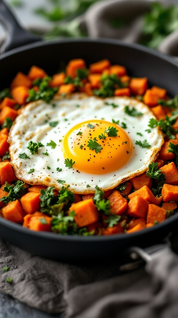 A delicious plate of sweet potato hash with kale and a fried egg on top.