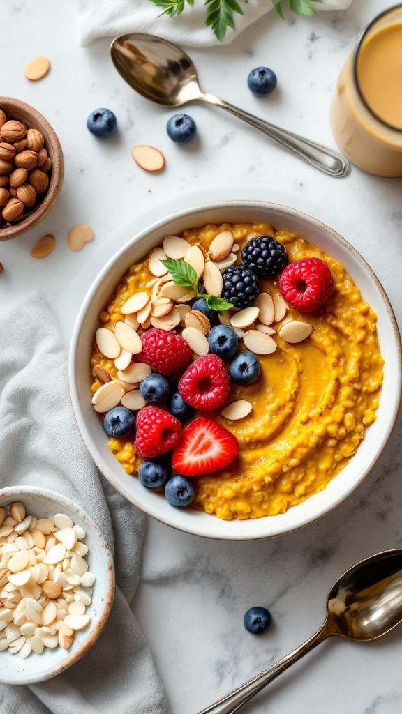 A bowl of turmeric oatmeal topped with almonds and fresh berries.