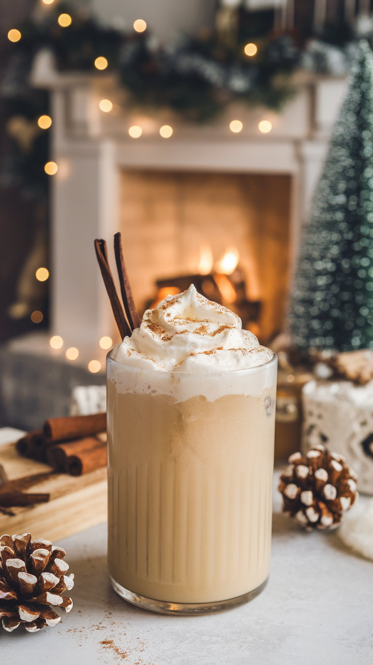 A delicious Vanilla Bean Mocktail topped with whipped cream and cinnamon sticks, set against a festive background.