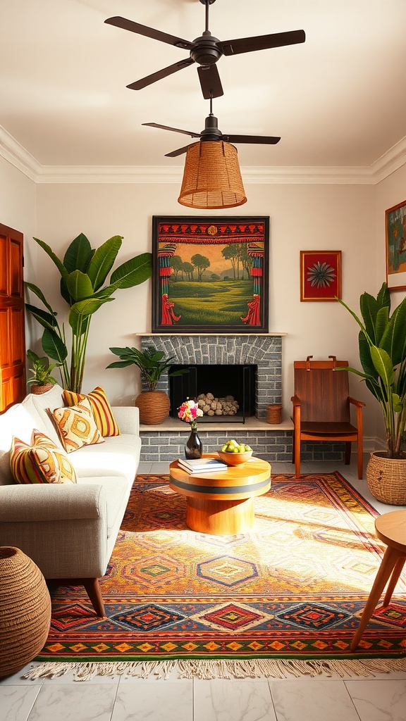 A cozy living room featuring African tribal motifs in decor, including a colorful rug, plants, and wall art.