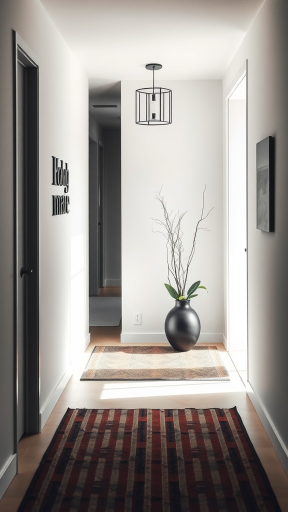 Minimalist hallway with a light fixture, dark vase, and patterned rugs