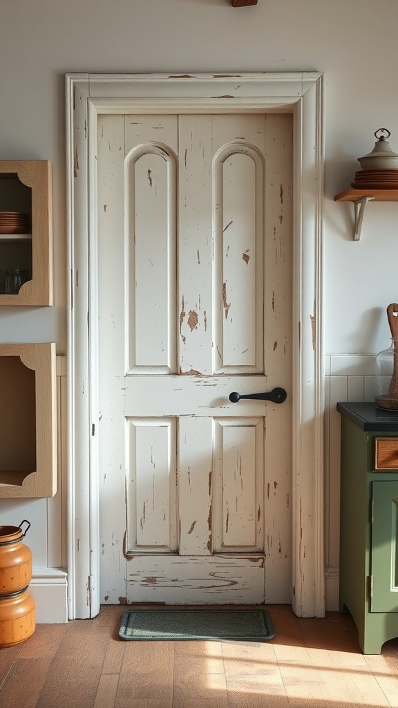 A weathered antique pantry door with peeling white paint and a black handle