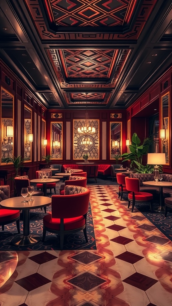 An elegant Art Deco inspired lounge with intricate ceiling designs, plush red chairs, and a stylish floor pattern.