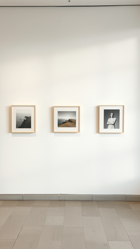 Three framed black and white photos hung on a white wall.