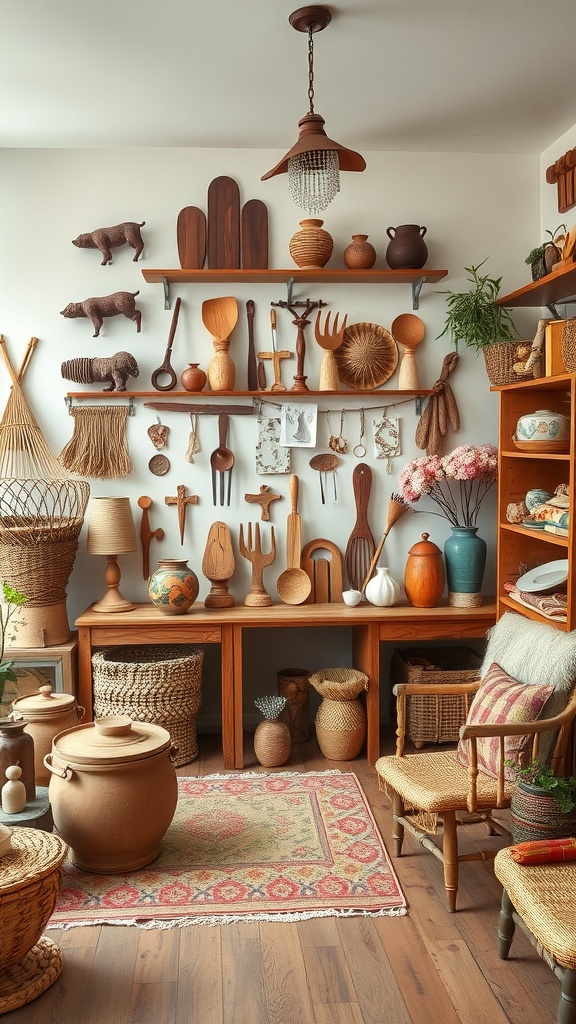 A cozy artisan space featuring handcrafted wooden utensils, pottery, and woven baskets.