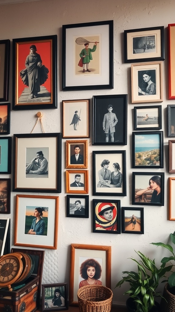 A gallery wall filled with various framed artworks and photographs