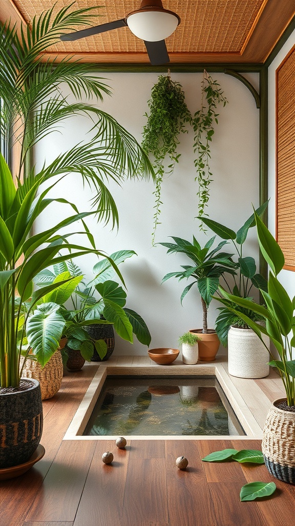 A tranquil indoor space featuring a small water feature surrounded by various green plants in textured pots, with wooden flooring and a woven ceiling.