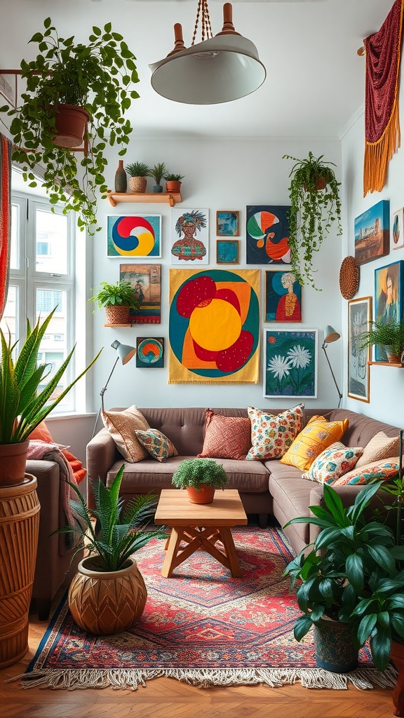 A cozy living room featuring vibrant wall art, a brown sofa with colorful pillows, and various green plants.