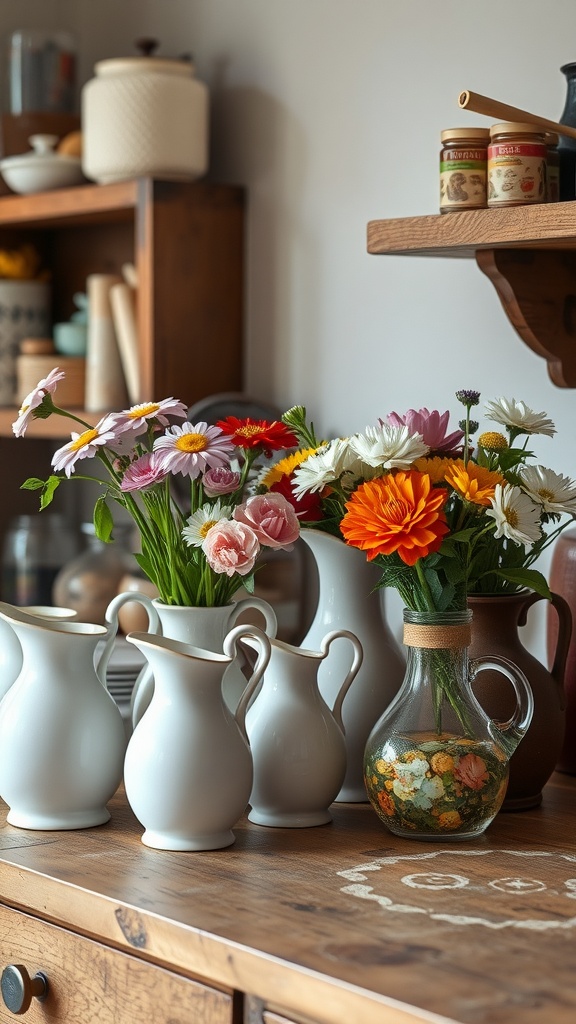 A collection of white ceramic pitchers and vases with colorful flowers on a wooden countertop.