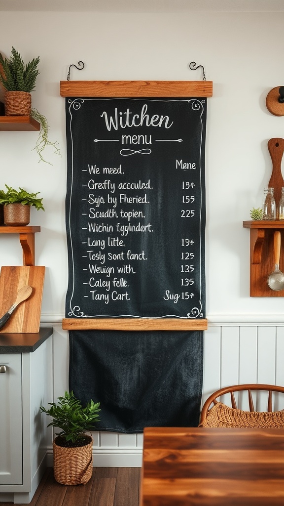 Chalkboard menu on a rustic kitchen wall with wooden accents and potted plants.