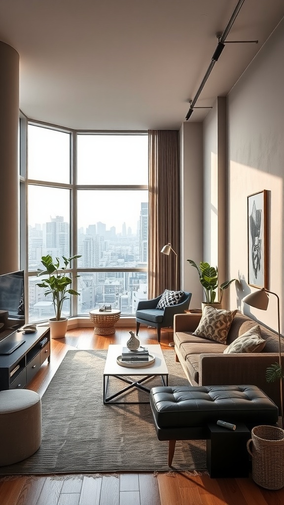 Interior view of a chic urban apartment with large windows, a cozy sofa, and city skyline.