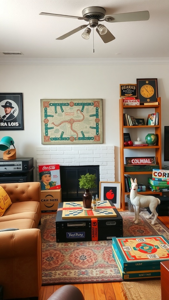 A cozy living room featuring classic board games as decor, with a coffee table displaying a game board, vintage wall art, and a warm atmosphere.