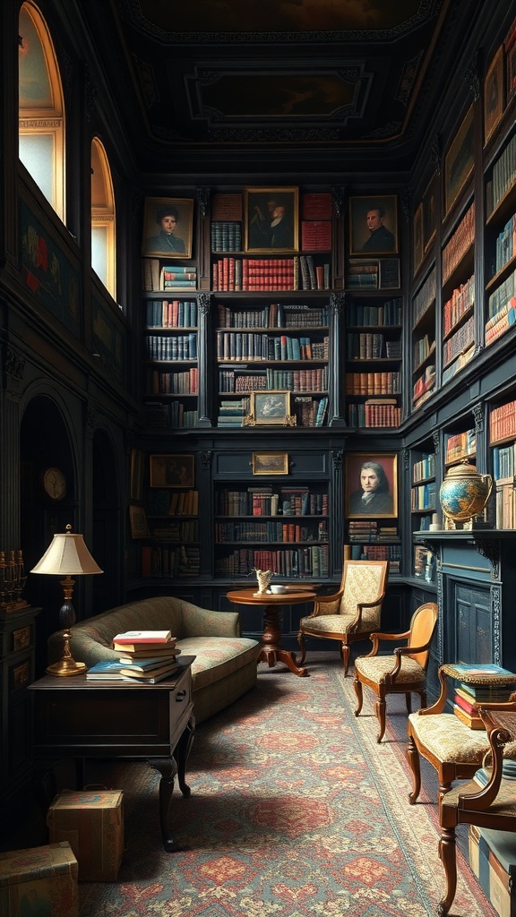 An elegant classic English library with dark wood shelves filled with books, a cozy sofa, and ornate chairs.