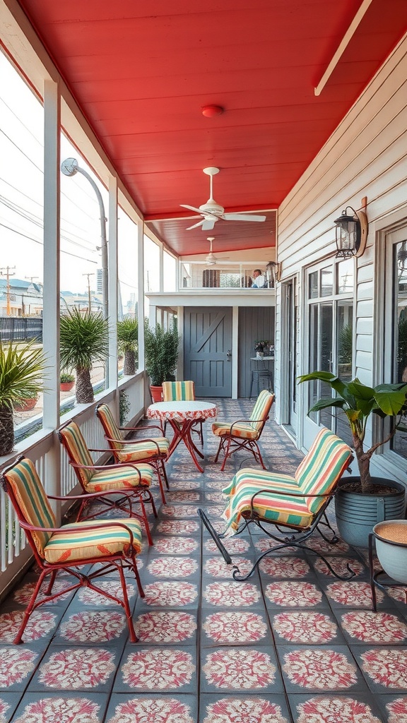 A classic patio with striped chairs and a red ceiling, showcasing retro home decor.