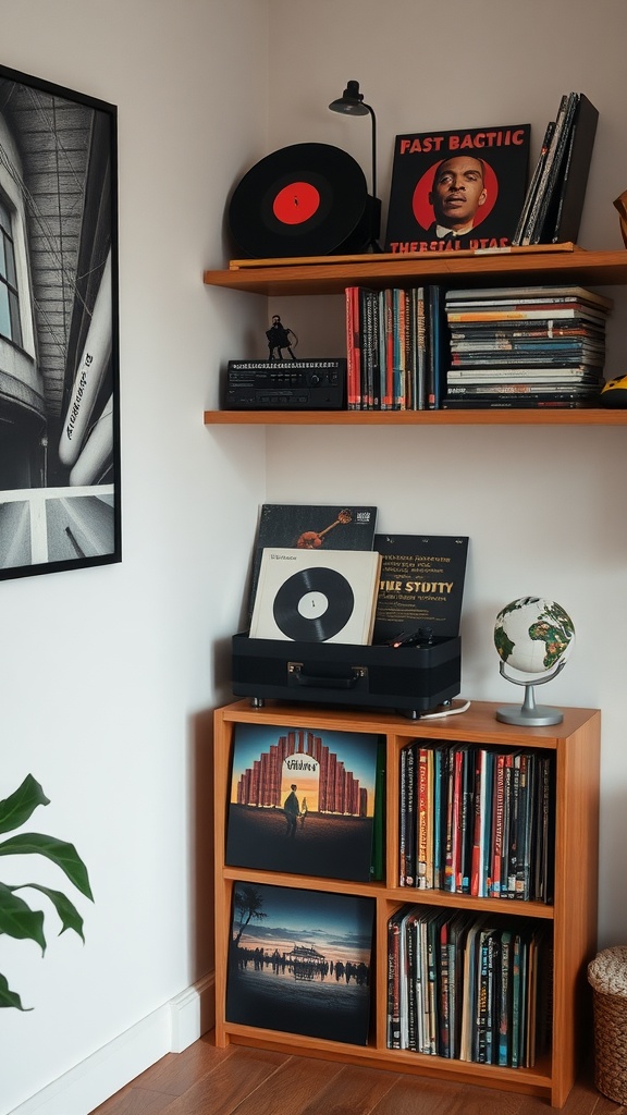 A cozy home decor scene featuring a record player and a collection of vinyl records on wooden shelves.