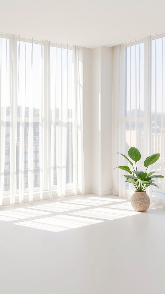 A bright room with sheer white curtains and a potted plant, emphasizing minimalism and clean lines