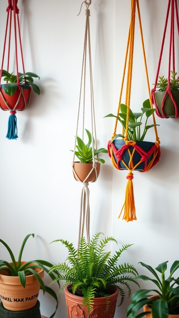 Colorful macrame plant hangers with various plants
