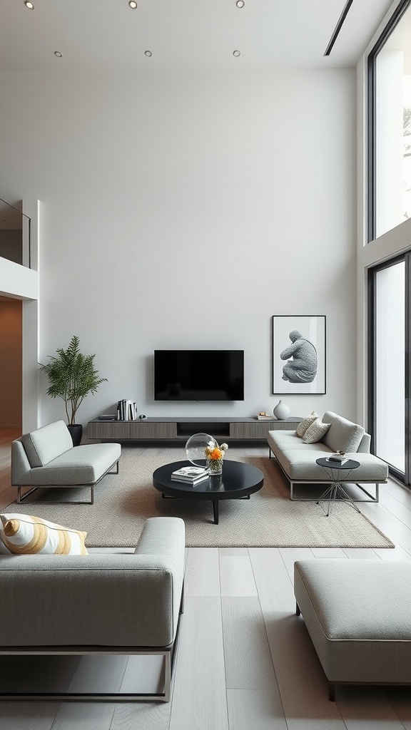 A contemporary urban living room design featuring neutral furniture, large windows, and a minimalist aesthetic.