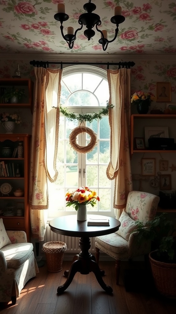Cozy corner with floral patterned decor, a table with flowers, and natural light