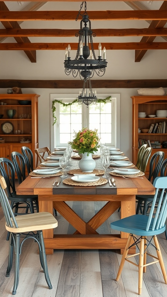 A rustic kitchen featuring a large wooden farm table set for dining with various colored chairs and a floral centerpiece.