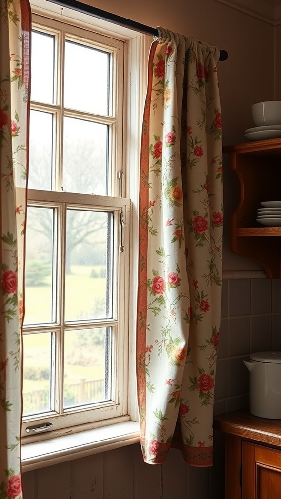 Floral curtains hanging at a window in a rustic kitchen