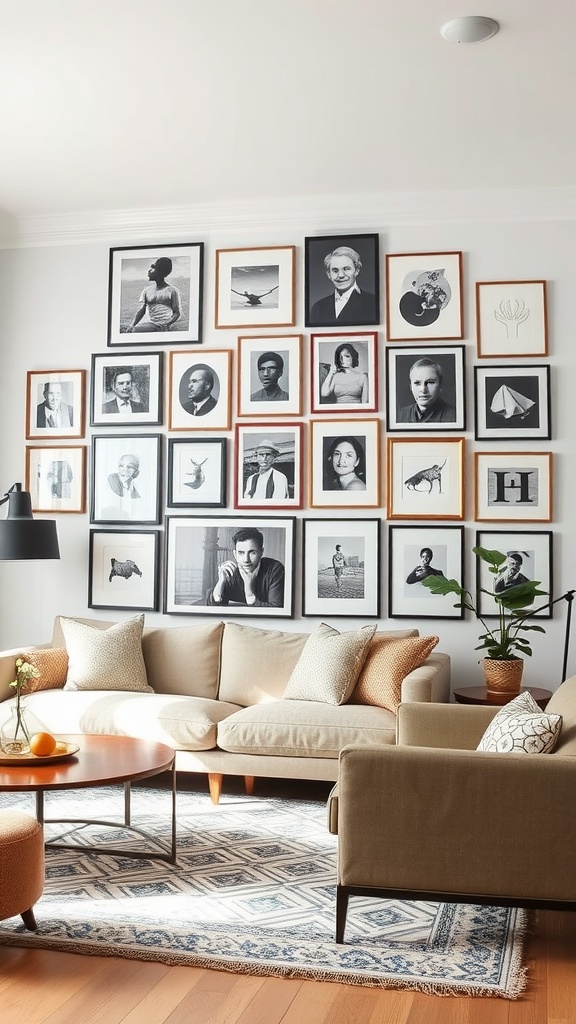 A stylish living room featuring a gallery wall with various framed portraits and art pieces.