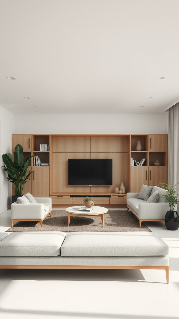 A minimalist living room with customized built-in furniture, featuring a wooden media unit and light-colored sofas.