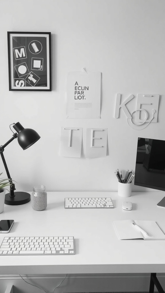 A minimalist desk setup featuring a lamp, keyboard, and monitor with minimal clutter.