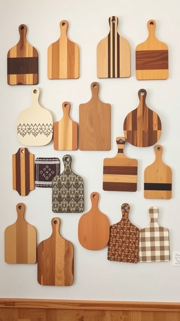 A decorative wall of various wooden cutting boards arranged in a rustic kitchen setting.