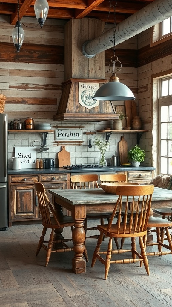 A rustic kitchen featuring distressed wooden furniture, including a dining table and chairs, with warm tones and a cozy atmosphere.