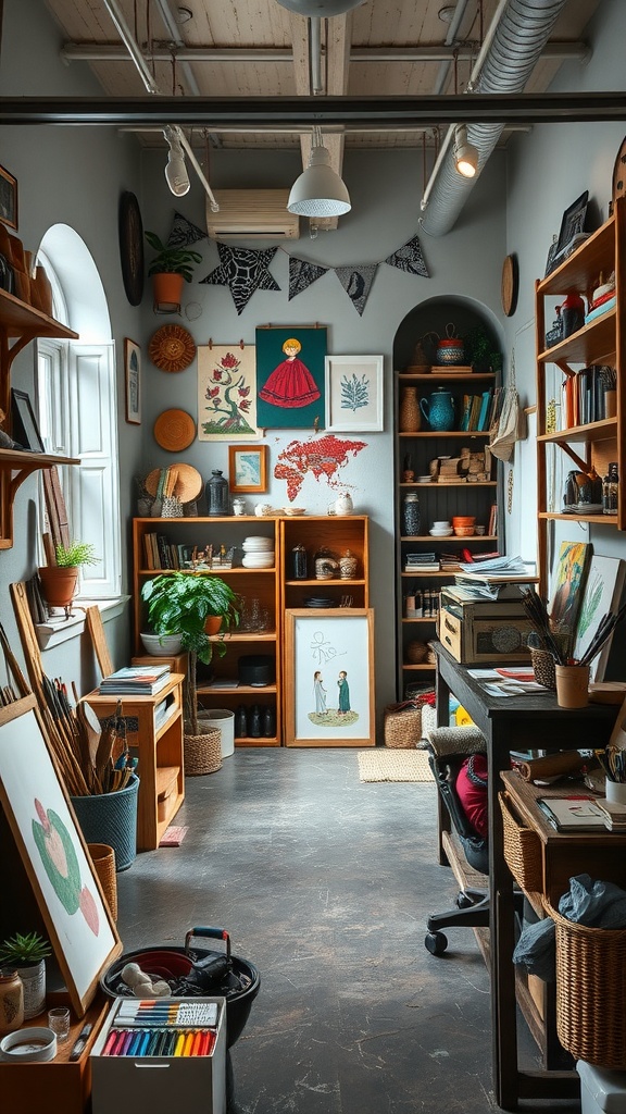 A cozy artisan workshop filled with colorful artwork, crafting supplies, and natural light.