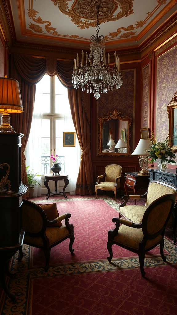 A beautifully decorated Victorian-style room featuring ornate furniture, a chandelier, and rich colors.