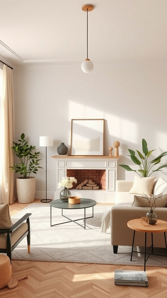 A beautifully arranged living room featuring a neutral color palette with plants, a modern pendant light, and cozy furniture.