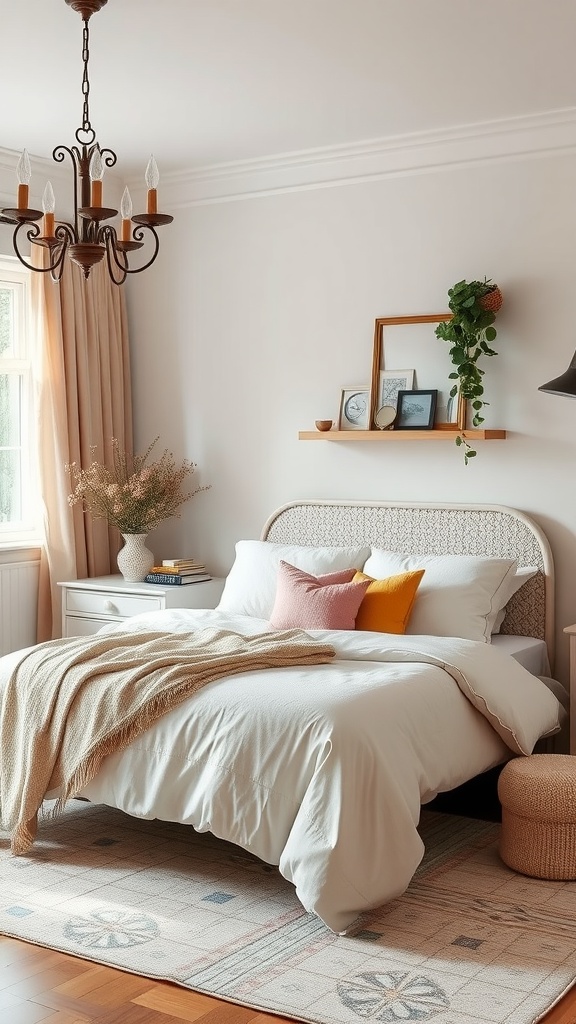 Cozy bedroom featuring faded pastel accents with pillows and a textured throw.