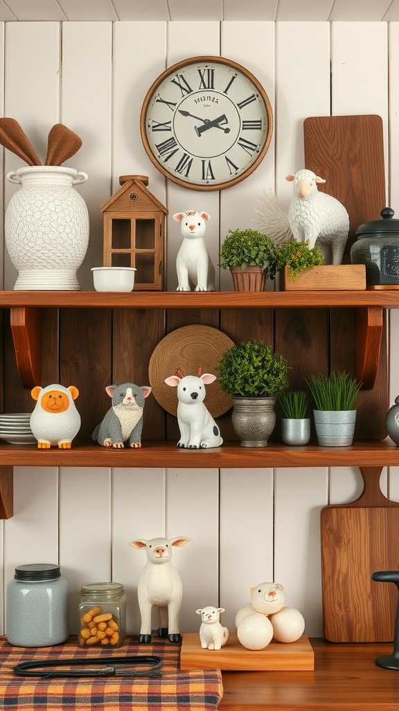 Rustic kitchen shelf with farm animal figurines and decorative items