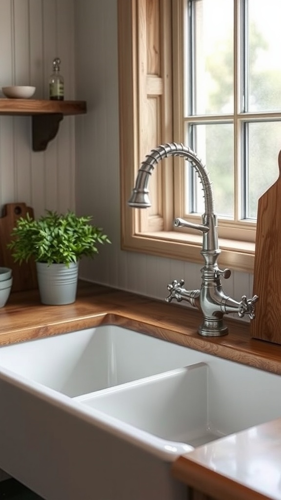 Farmhouse sink with a vintage faucet and wooden countertop