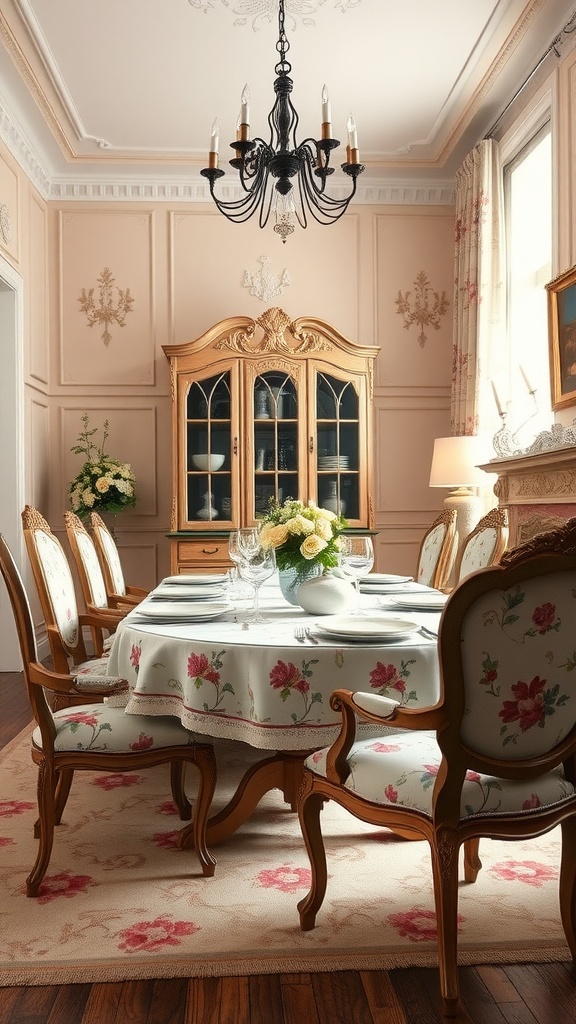 A beautifully decorated dining room showcasing French country elegance with floral tablecloth, elegant chairs, and a classic chandelier.