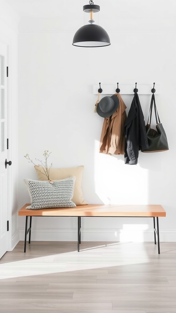 A minimalist entryway with a wooden bench, pillows, a coat rack with several garments, and a pendant light.