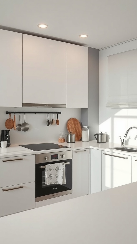 Minimalist kitchen with white cabinets, hanging utensils, and a clean countertop