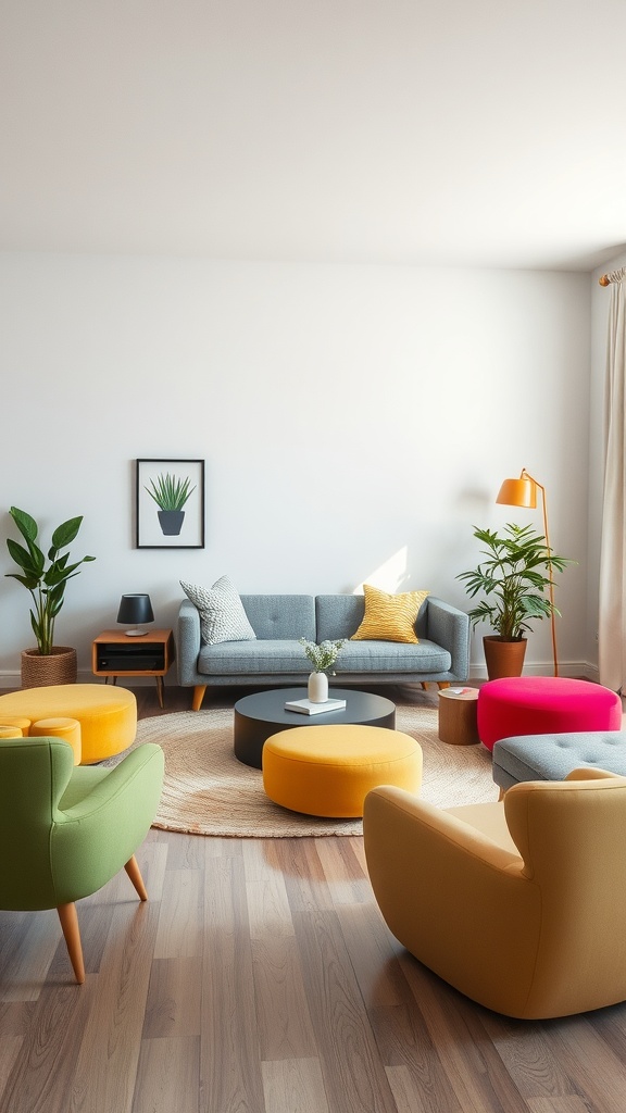 A colorful living room featuring funky furniture shapes, including bright ottomans and unique chairs.