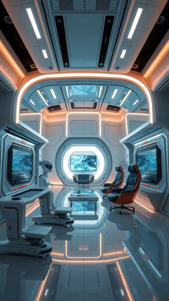 A futuristic tech-inspired room featuring sleek designs, glowing accents, and modern furniture.