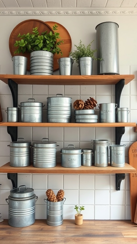 Shelves featuring galvanized metal containers and plants in a rustic kitchen setting.