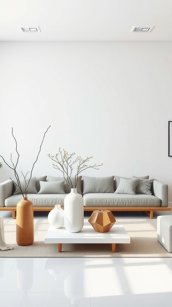 A minimalist living room featuring geometric decor elements such as vases and a coffee table.