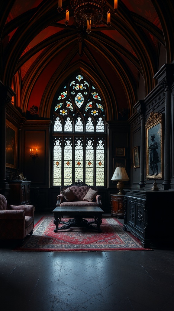 An elegantly decorated Gothic Revival room featuring stained glass windows, ornate chandelier, and rich furnishings.