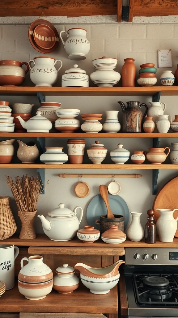 A collection of handmade pottery displayed on wooden shelves in a rustic kitchen