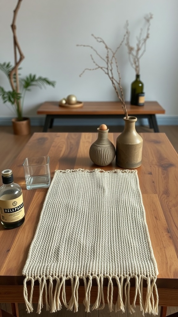 Handwoven table runner on a wooden table with decorative vases and a glass of water.