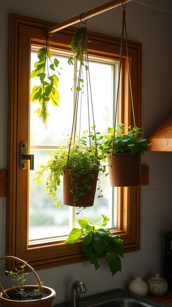 A rustic kitchen with a hanging herb garden featuring pots of green herbs in front of a sunny window.