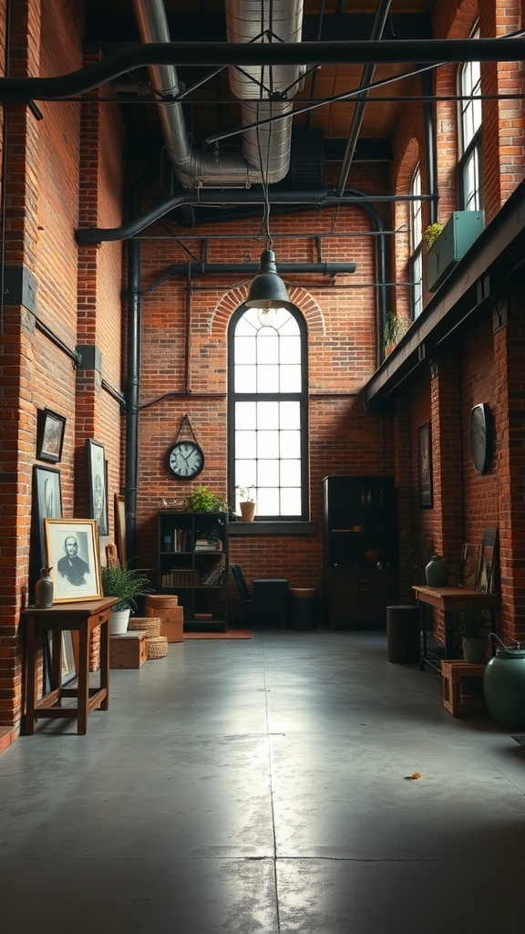 A spacious industrial loft with exposed brick walls, large windows, and vintage furniture.