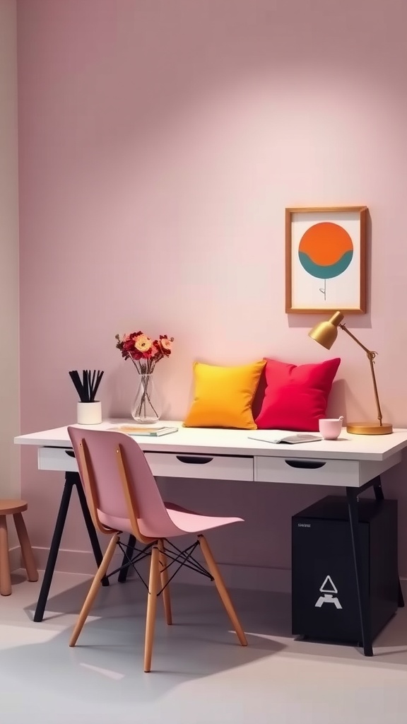 A minimalistic workspace with a pink wall, colorful cushions, and vibrant artwork